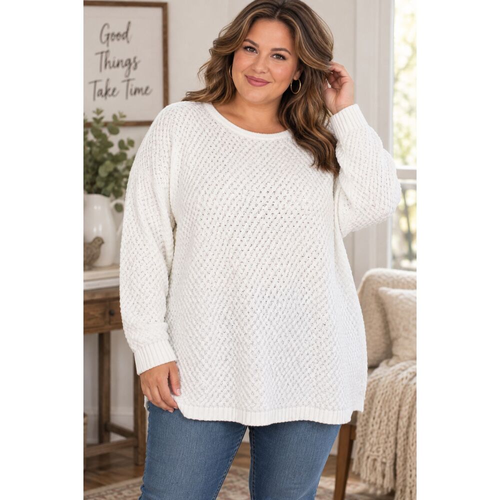 Preswick & Moore Women 2X Winter White Basketweave Open Knit Sweater #20